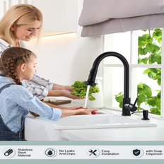 Wowow Pull-Down Sprayer Kitchen Faucet With Soap Dispenser - Black 6 to 7 Inches