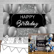 Laeacco Happy Birthday Backdrop 8x6.5ft Photography Background Grey Balloons Decor Silver Glittering Backdrops Silver Grey Metal Texture kids Adults Birthday Party Banner Cake Smash Studio Photo Props