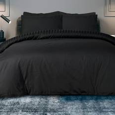 Sleepdown Luxury Satin Stripe Reversible Quilt Bedding Set with Pillowcase - - Double Duvet Cover Black