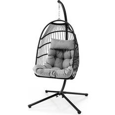 Patio Furniture Costway Hanging Swing Egg Chair with Stand Cozy Head Pillow Cushion-Grey