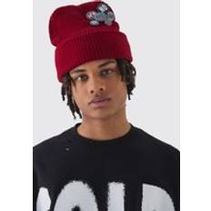 Red Beanies boohooMAN Mens Badge And Pin Detail Beanie In Red One