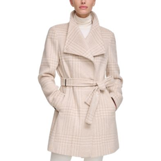 Calvin Klein Coats Calvin Klein Womens Asymmetrical Belted Wrap Coat, Created for Macys Beige/Ivory Plaid