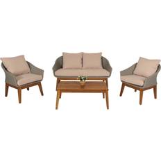 Holz Lounge-Sets MCW Gartengarnitur MCW-N37 Poly-Rattan Holz Akazie Grau Kissen Beige Lounge-Set