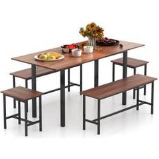 Tables Costway 5 Piece Table for 4-6 with 2 Benches & 2 Stools Dining Set