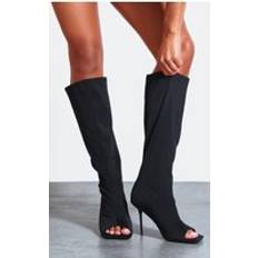 PrettyLittleThing Black Peep Toe Wide Fit High Stiletto Knee High Boots, Black