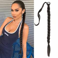 Shein Long Braided Ponytail Extension Black Brown Wrap Around Synthetic Hair Piece For Women