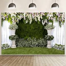 Photo Backgrounds Laeacco Arch Wedding Flowers Backdrop 10x6.5ft Vinyl Photography Background Stone Planter Flowers White Curtain Green Ivy Wall Decoration Outdoos Ceremony Green Grassfield Backdrop