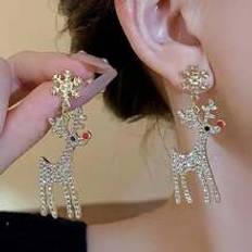 Shein Pair Personalized Rhinestone Encrusted Christmas Deer & Snowflake Dangle Earrings