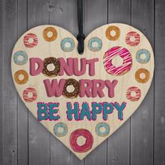 Pink Easter Decorations Donut Worry Be Happy Wooden Hanging Heart Funny Friendship Gift - One Size Easter Decoration