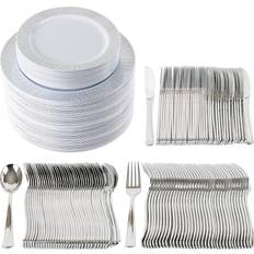 Party Bargains Disposable Plastic Set 10” Dinner Plates, 7” Salad/Dessert Plates, Forks, Knives, Spoons, Weddings, Bridal Showers, Birthday 250-Set, Silver Lace