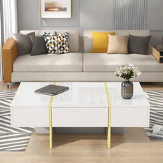 Rectangle - Yellow Coffee Tables Mercer41 Cordaro Minimalist High Gloss w/ 2 Drawers & Golden Wood Grain Legs Coffee Table