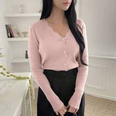 Shein Pink Trøjer Shein Women's Casual Solid Color V-Neck Long Sleeve Cardigan Sweater, Autumn/Winter