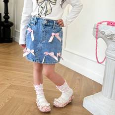 Pink Skirts Shein Girls Denim Skirt New Sweet Cute Pink Bow Ribbon Decor Washed Denim Skirt