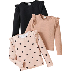 Shein The Cheapest Young Girl Buy 1 Get 2Free,3pcs Set Young Girl Solid Color & Polka Dot Print Crew Neck Cap Sleeve Leopard Print T-Shirt Top Set,Back To School Clothes,Sport Style,Street Style,Sister And Me Matching,For Christmas,Great For Casual & Daily Wear & School Daily In Autumn & Winter