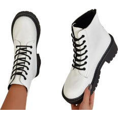 Shein Zipper Back Lace-up Front Combat Boots, Women's Fashionable Chunky Heeled White Solid Color Boots