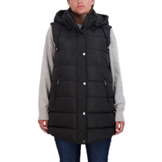 Detachable Hood Vests Sebby Plus Long Puffer Vest with Detachable Hood - Black