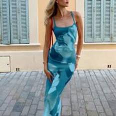 Shein Women's Summer Tie-Dye Printed Long Fitted Elegant Spaghetti Strap Dress