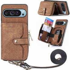 Brown Case for Google Pixel 9/9 Pro 7 Card Slots Premium Leather Stand Adjustable Lanyard Zipper Closure