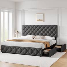 Gaomon King Size Bed Frame with 4 Storage Drawers and Headboard, Diamond Stitched Button Tufted, Dark Grey