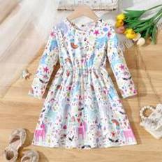 Multicoloured Dresses Shein Young Girls' Back-To-School Multi-Dimensional Cartoon Unicorn Printed Long Sleeve Comfortable Midi Dress, Suitable For Outings And Vacations, And Fall