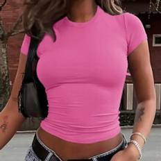Shein Pink T-shirts Shein Women's Summer Solid Color Round Neck Short Sleeve Casual Cropped T-Shirt