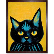 Brown Framed Art ARTERY8 Quirky Bold Black Cat Painting W12 inch x H16 inch Framed Art
