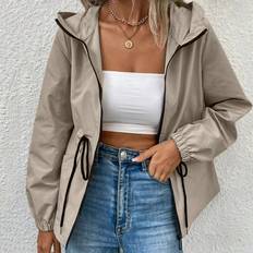 Shein Outerwear Shein Womens Autumn Solid Color Long Sleeve Drawstring Waist Casual Loose Hooded Fall Jacket