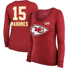 Kansas City Chiefs T-shirts Majestic Threads Patrick Mahomes Red Kansas City Chiefs Super Bowl LVIII Scoop Name and Number Tri-Blend Long Sleeve T-shirt