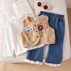 18-24M Other Sets Shein 3pcs Baby Girl Casual 3D Floral Vest, White Tee And Denim Pants Set, Autumn & Winter