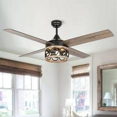 Lighting 52 in. Farmhouse Wood LED Fan with Kit and Remote - Matte Black Ceiling Flush Light