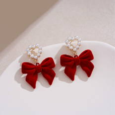 Shein 1pair Red Bowknot, Heart & Pearl Dangle Earrings