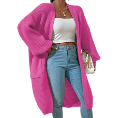 Pink - Women Cardigans Shein Essence Cardigan with Two Pockets, Drop Shoulder Open Front