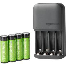 Amazon Basics Rechargeable AA NiMh Batteries with 4 Bay Battery Charger, Type A (American) Plug, Black, 4 Count (Pack of 1)