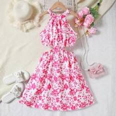 Multicoloured Dresses Children's Clothing Shein Tween Girl Elegant Floral Print Ruffled Halterneck Dress, Perfect For Summer Vacation, Beach Parties
