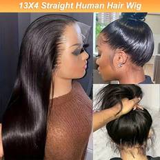 Real Hair Wigs Shein 13X4 Lace Front Straight Human Hair Wigs For Women Pre Plucked Remy Glueless Brazilian HD Transparent Lace Frontal Wig 180% Density Long Length Human Hair Lace Wigs Natural Black Color