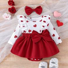 12-18M Bodysuits Shein Baby Girl Heart Printed Dress With Bowknot Decorated Skirt Bodysuit With Headband Set