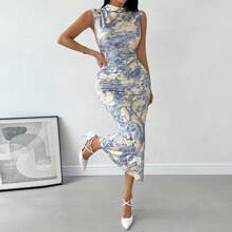 Women summer dress Shein Women Watercolor Floral Print Slim-Fit Knitted Pleated Midi Summer Dress With Side Slit, Elegant For Holiday And Daily Wear