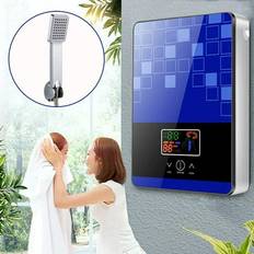 Water Heaters Fichiouy 4500W Instant Electric Tankless Hot Water Heater w/Shower Head for Kitchen Bathroom Blue