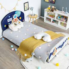 Kid's Room Costway Kids Wooden Upholstered Platform Bed 80" x 42" x 32" - Blue