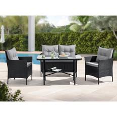 EVRE Anthracite Florence Garden Rattan Furniture Dining 4 Piece Seat Sofa Chair Wicker Glass Top With Cushions - One Size Outdoor Lounge Set, 1 Table incl. 1 Sofas