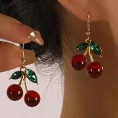 Purple Earrings Shein 1pair Fashionable Fruit Dangle Earrings, Cherry-Shaped Copper Stud Design, Suitable For Women's Everyday Wear In Autumn And Winter Red Tone