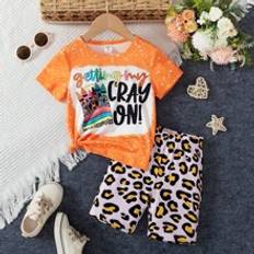 Leopard Other Sets Children's Clothing Shein 2pcs/Set Young Girl Casual Crayon Print Short Sleeve T-Shirt & Leopard Shorts Set