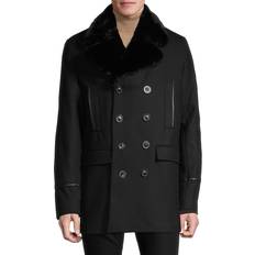 Faux Fur - Men Coats Men's Wool Peacoat w/ Faux Fur Collar BLACK BLACK (X-Large)