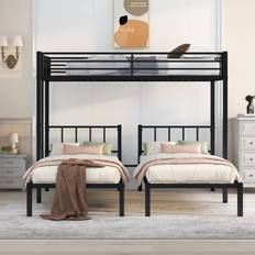 EMKK Triple Heavy Duty Metal Frame 3 Twin Over with Guardrails Bunk Bed