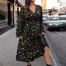 Shein Long Dresses Shein Plus V-Neck Long Sleeve Polka Dot Allover Print Dress, Casual Everyday