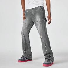 Shein Mens Light Grey Vintage Distressed Flared Jeans