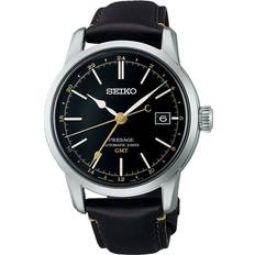 SEIKO Presage Automatic GMT 40mm Unik svart tavla, Automat, Extra tidzon, Datum, Brunt läderarmband SPB447J1