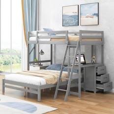 Beds & Mattresses Merax Twin Over Full Wood Frame Loft Beds with Built-in Desk and Three Drawers, Gray Bunk Bed