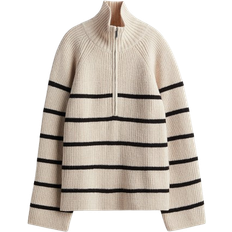 L - Polyamid Oberteile H&M Ribbed Sweater with Zipper - Light Beige/Striped