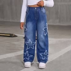 Shein Girls Fashionable Casual Vintage Star Embroidered Frayed Wide Leg Loose Straight Blue Washed Denim Jeans Pants